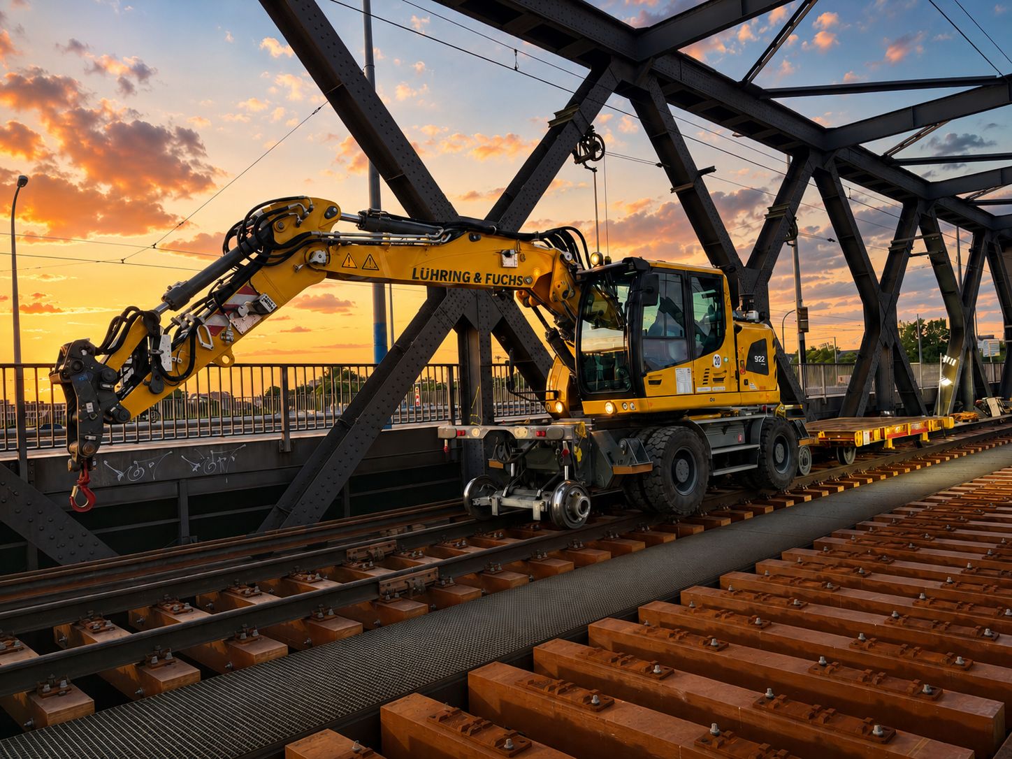 Lühring & Fuchs Zweiwegebagger auf Gleisbrücke im Sonnenuntergang